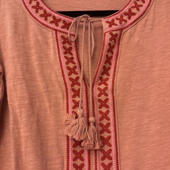 Boden Diana Embroidered Tunic Top Red Pink Long Sleeve Tie Neck Size US Sz 6 - Picture 8 of 11